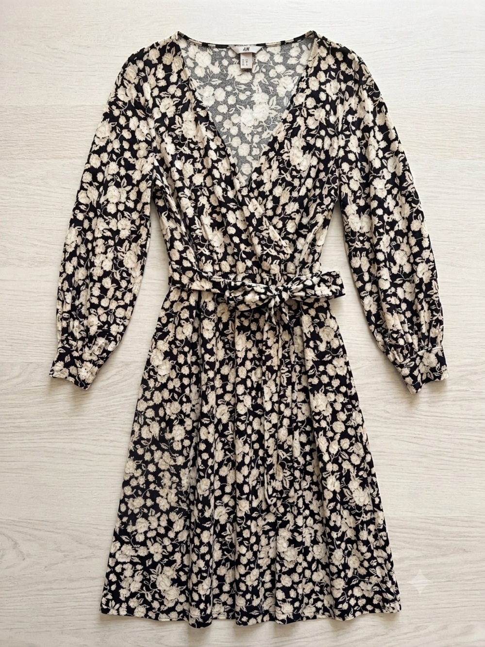 H&M Black Wrap Midi Dress with Cream Floral Print